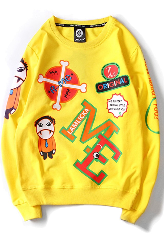 トレーナー 可愛い レディース メンズ 長袖 秋 冬 おしゃれ 黄色 黒 プリント キャラ 原宿 系 ガーリー Max Voyage
