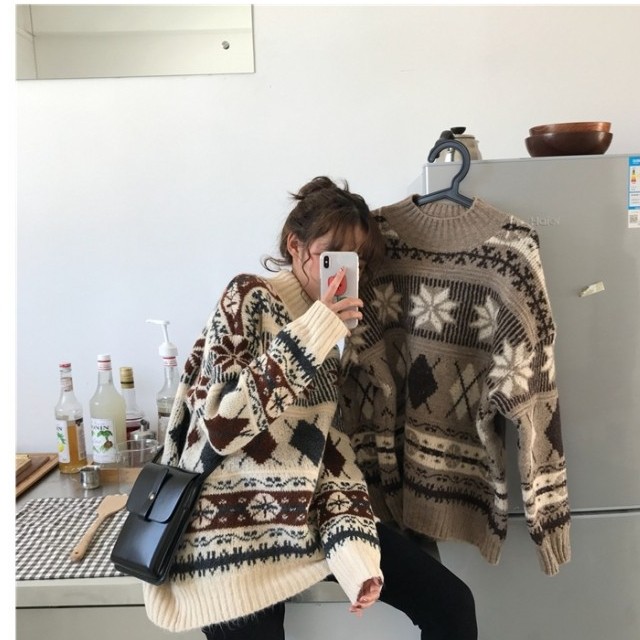 タートルネック ニット セーター レディース トップス 長袖 ハイネック プルオーバー ノルディックニット ボトルネック ノルディック柄 Basecamp49