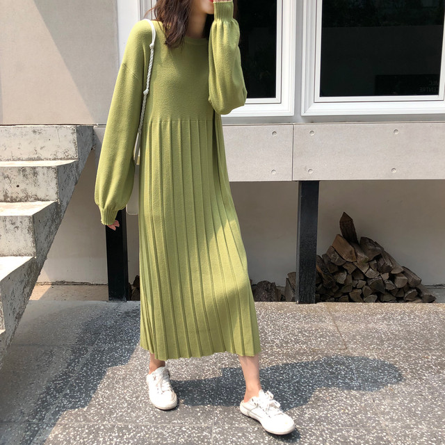 プリーツ切り替えニットワンピース シンプル 無地 春 秋 冬 上品 キレイ ワンピース ワンピ ニット プリーツ ミモレ丈 デート お出かけ 旅行 女子会 韓国 韓国ファッション オルチャン 可愛い Fa4 Musubi Me 韓国 オルチャン レディースファッションのお店