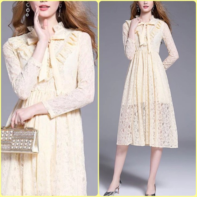 黄色 パステル イエロー フリル リボン マキシ マダム シンプル Xxl Xl ロング レース ワンピース ドレス Loveysmileshop