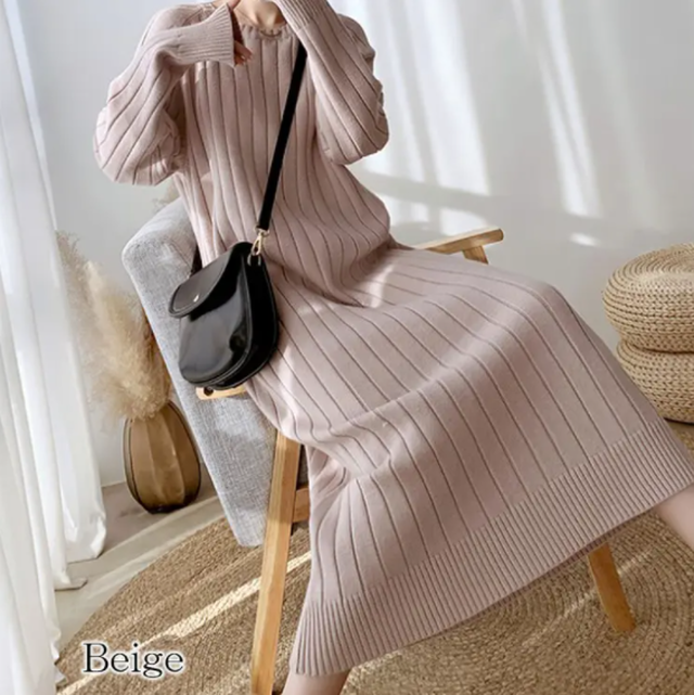 1枚でリラックスコーデに ロング丈 リブニット ワンピース ワンピース レディース ニット リブニット ロング スカート リラックスコーデ スタイルアップ シンプル 部屋着 お出かけ おしゃれ 韓国ファッション 春 秋 ゆったり 大きいサイズ 送料無料 韓国レディース