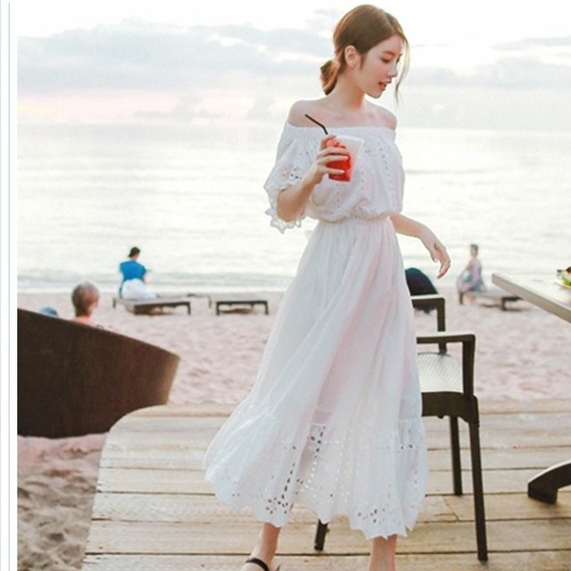 韓国 ファッション レディース 大きいサイズ リゾートワンピース 白 夏 ハワイ 大きいサイズ ロング オフショルダー 韓国 ファッション Basecamp49