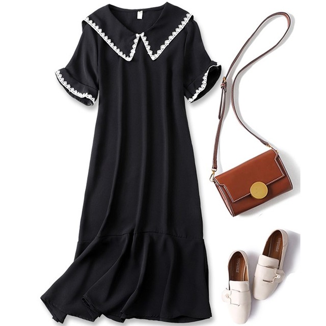 セーラーカラードレス ワンピース レース縁取り フリル裾 半袖 ミモレ丈 レディース フォーマル 結婚式 お呼ばれ ドレス 代 30代 二次会 ワンピース パーティー ドレス R0092 Aeka Clothet Partydress