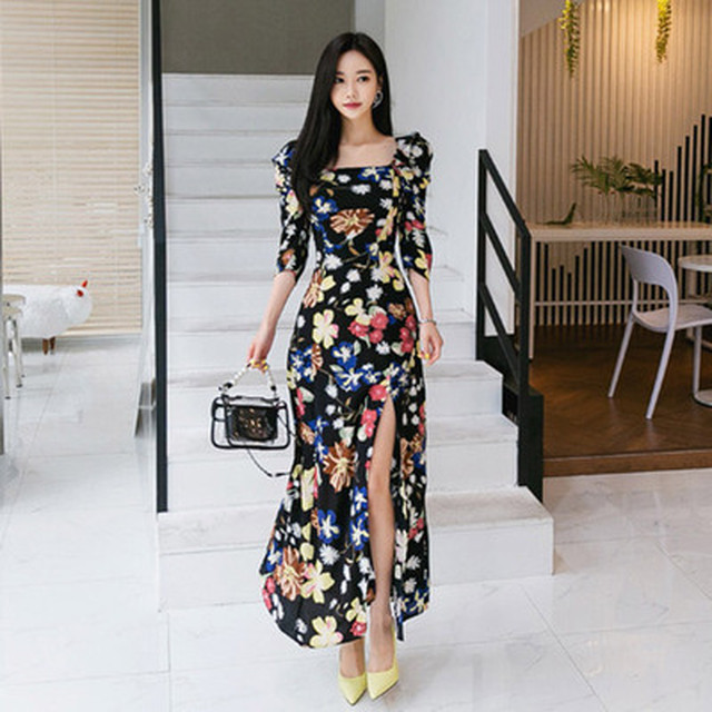 ロングワンピース 花柄 スクエアネック ルーズショルダー オフショルダー ロング丈 スリット おでかけ およばれ 二次会 発表会 エレガント ウッディーベース1号店