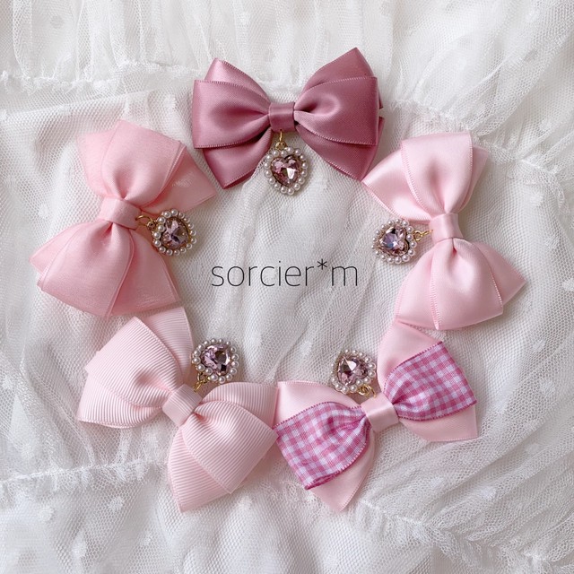 Jewel リボン ヘアクリップ ヘアピン 量産型 ピンク ロリィタ ロリータ ゆめかわいい 病みかわいい ゴスロリ 闇 小悪魔 シンプル ツインテール 推しカラー ぴんく スモーキーピンク ギンガムチェック Sorcier M