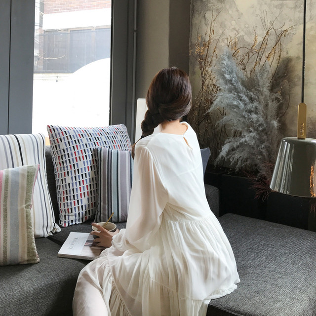 マキシ丈ワンピース 清楚系 マキシ丈 シフォン フレアワンピース レディース 冬 春 ロング 可愛い 大人 フェミニン 上品 シャツワンピ ノーカラー 長袖 体型カバー Officewalaa オフィスワラア レディースファッション スタイル