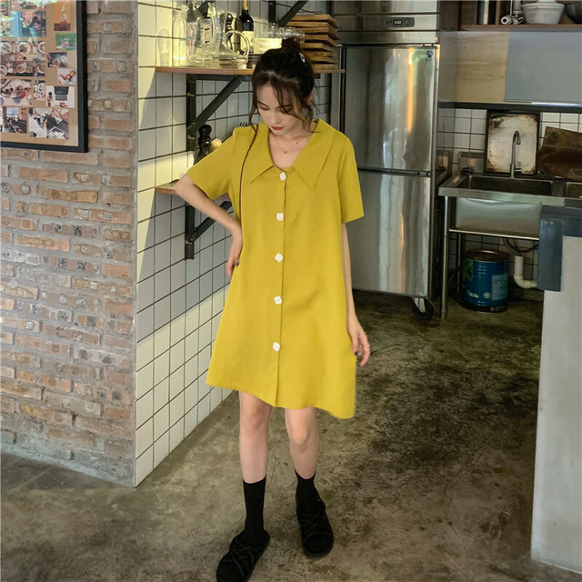 3色展開 ワンピース シャツワンピース レトロ 半袖 ガーリー カジュアル Evergreen