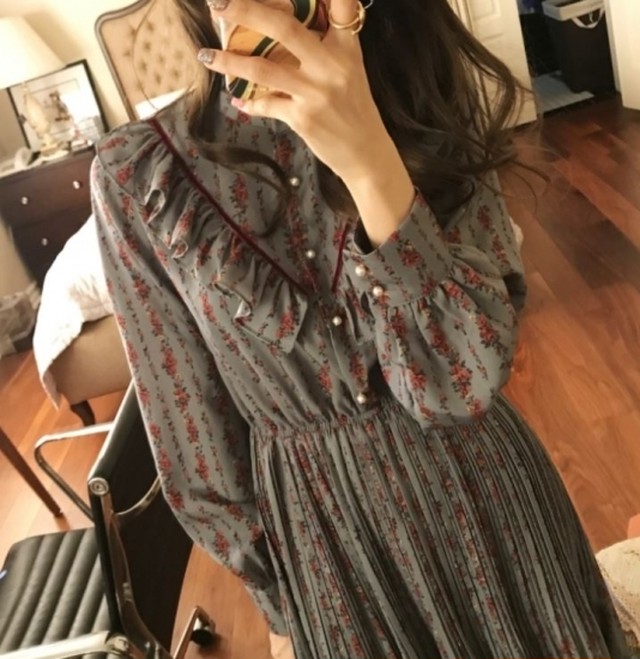 ワンピース ワンピ レディース ハイネック 長袖 プリーツスカート プリント ワンピース ワンピ 花柄 ガーリー レトロ 可愛い フリル 秋冬新作 秋 秋色 秋服 秋sale 韓国 ワンピース ワンピ Leaflower 001 リーフラワー レディースファッション専門店