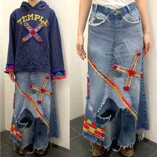 S Lサイズ オリジナルリメイク商品 Lee デニム ヴィンテージ民族衣装パーツ マキシ丈スカート 中古 Coolklothes