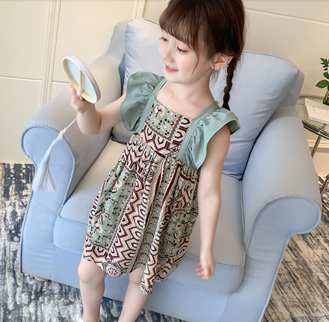 大人顔負け ボヘミアンワンピース ワンピース 子供服 女の子 ノースリーブ スリーブレス ワンピ 肩フリル ボヘミアン アジアンテイスト 幾何学模様 おしゃれ フレア 幼稚園 小学生 キッズ ジュニア 100 160cm 春 夏 送料無料 韓国レディース キッズファッション