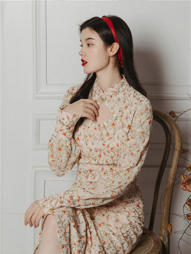 フローラルワンピース ミディ丈 長袖 Glamoclassy