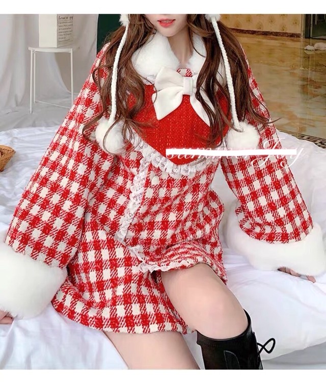 2カラー ピンク ホワイト 赤 チェック ハート リボン ガーリー アウター レッド ピンク ジャケット コート Loveysmileshop