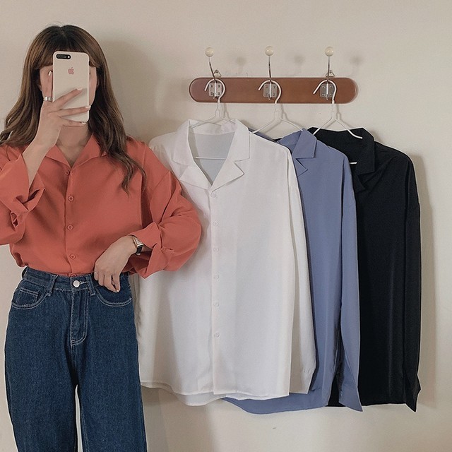 レディース トップス 春秋 シャツ ブラウス 長袖 スーツカラー ｖネック 開襟 シャツ シンプル カジュアル おしゃれ 大人可愛い レトロ お出かけ デート 通勤 オフィス 通学 学生 キャンパス 旅行 普段着 無地 ホワイト 白 レッド 赤 ブルー 青 ブラック
