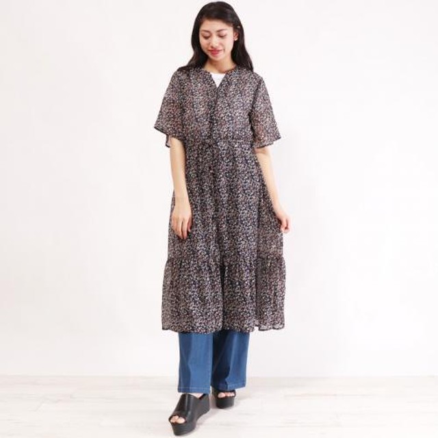 春物半額セール 小花柄ロングガウンティアードワンピース ロングワンピース ネイビー Oribecat 大人かわいいお洋服のお店