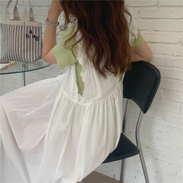 ロングワンピース ノースリーブ 無地 レース ｖネック バックオープン 背中見せ フレア ゆったり シンプル かわいい カジュアル お出かけ デート 普段着 夏 白 Evergreen