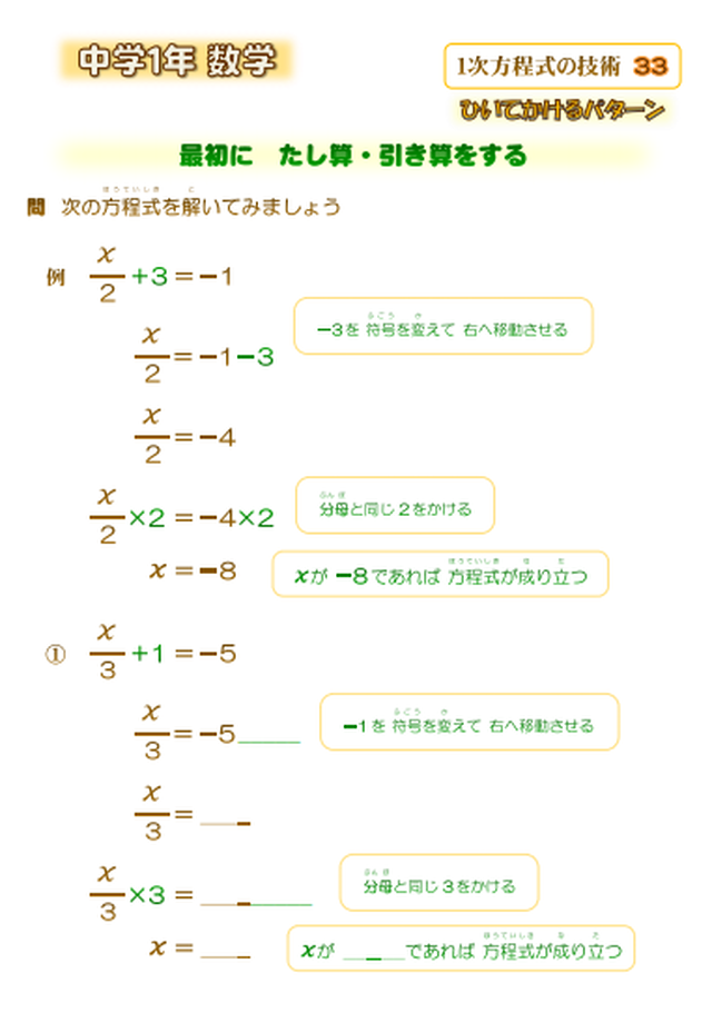 数学 中学１年生 １次方程式の技術 ここテラ式 学習プリント