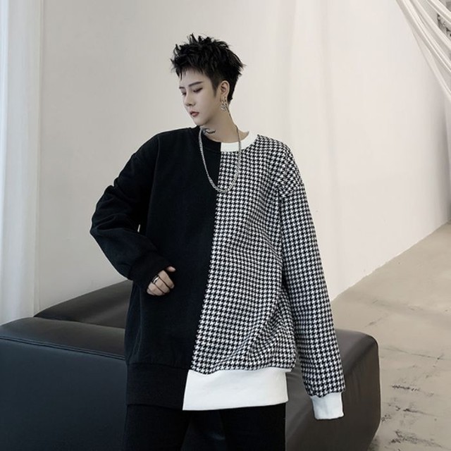 デザイン切り替え ニット セーター 長袖 千鳥格子 リブ ブラック ホワイト 黒 白 ラウンドネック メンズ ロングスリーブ オーバーサイズモード カジュアル お支払い後日以内に発送 Top2 Garcons