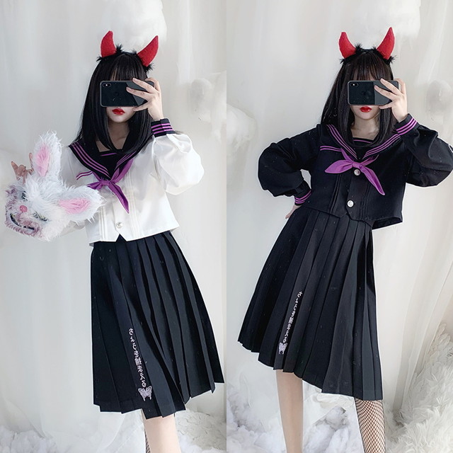 ゴスロリ系 病み可愛い セーラー服 トップス スカート 2ピースセット プリーツスカート Jkスタイル ハイウエスト ミモレ丈 オルチャン 原宿系 コスプレ衣装 10代 代 モード系ファッション専門店 With U