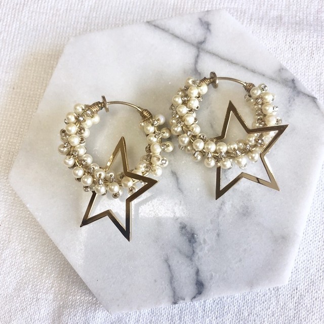 【イヤリング】人気 2wayパールフープスターモチーフイヤリング アクセサリー