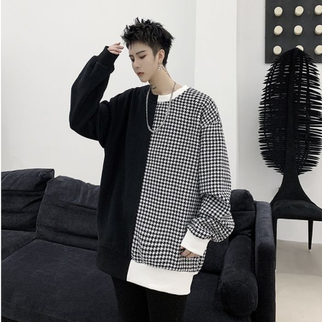 デザイン切り替え ニット セーター 長袖 千鳥格子 リブ ブラック ホワイト 黒 白 ラウンドネック メンズ ロングスリーブ オーバーサイズモード カジュアル お支払い後日以内に発送 Top2 Garcons