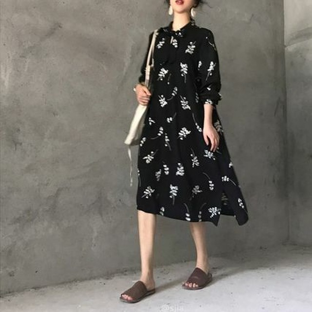 シャツワンピース ワンピース ロング ミモレ丈 花柄 黒 長袖 シャツ シンプル ナチュラル お出かけ ママコーデ ママファッション 体型カバー Mh0914 Valentina210