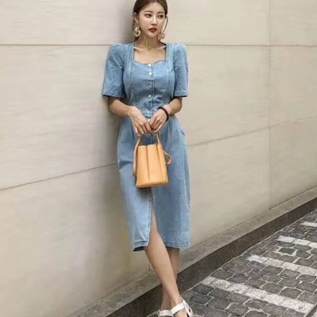 デニムワンピース ランタンスリーブ ワンピース レディース デニムワンピ 夏秋 デニム 半袖 くびれ ウエストマーク エレガント スクエアネック 30代 40代 きれいめ Rx0640 Raxia ラクシア