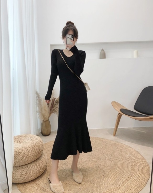 ワンピース ロングワンピース マキシ丈 フレアワンピ ニットワンピ マーメイド タイト シンプル 長袖 秋 冬 大きいサイズ 10代 代 30代 40代 50代 Ptngt0705 Shop Suba