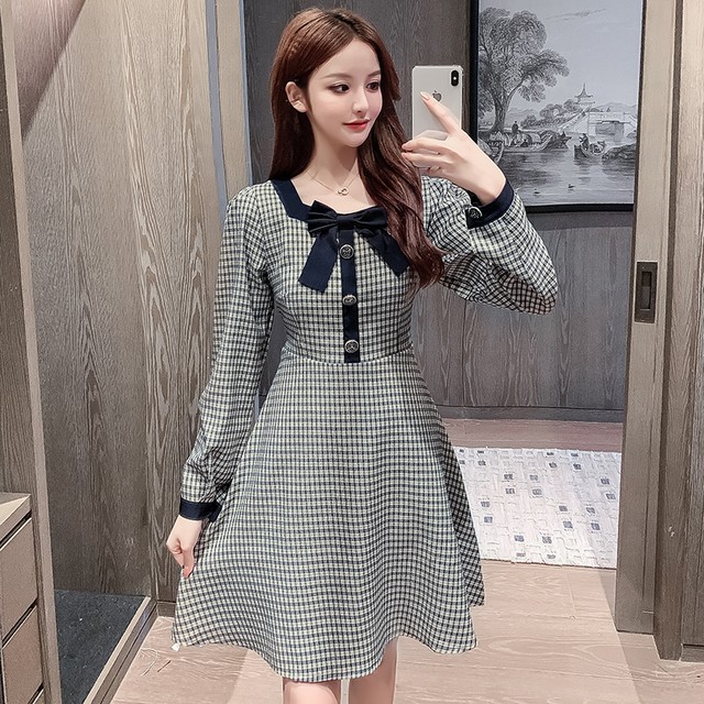 年秋 スクエアカラー 長袖 パフスリーブ ミニ丈 エレガントチェック リボンが可愛い レトロお嬢様ワンピース Mahalore To All Ladies