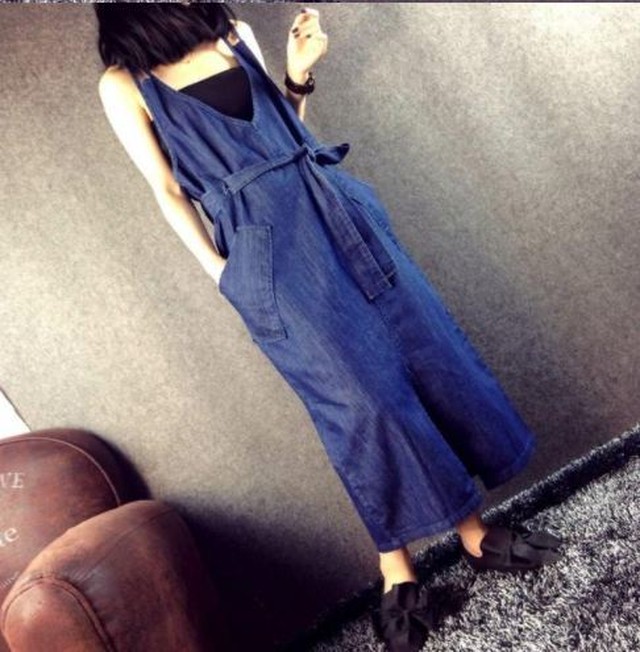 デニム サロペット Vネック ノースリーブ マキシワンピース カジュアル ブルー 18 春夏 新作 Jm2258 ワンピの里
