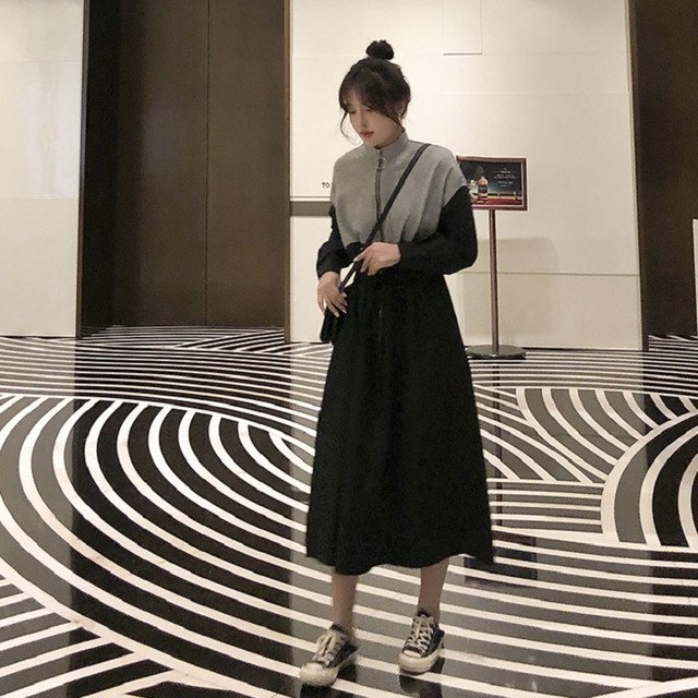 バイカラーワンピ ワンピース 秋冬 黒ワンピース 冬 モノトーンワンピース ロングワンピ ロング ワンピース 無地 長袖ワンピース カジュアル シンプル ガーリー ワンピース 大人可愛い ワンピース ハイネック デート お出かけ 普段着 デイリー 通学 Op0754 Colorful