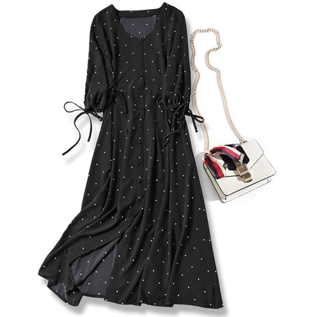 ドット柄 パフスリーブワンピース ロング丈 Aライン リボン 春服 夏服 通勤 レディース I0454 Aeka Clothet For Worker