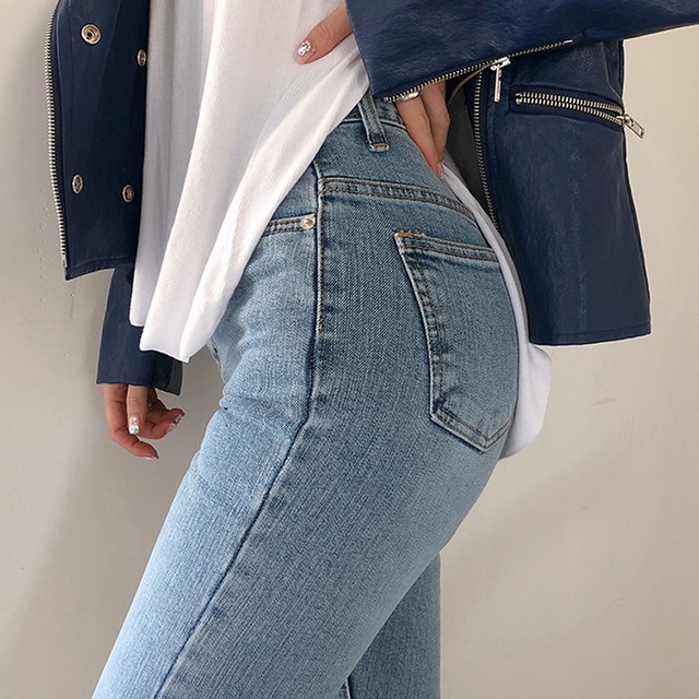デニム タイト ジーンズ ダメージ スリム ブルー シンプル ハイウエスト カジュアル デート お出かけ 海外ファッション 新作 春夏 A358 みませれくと
