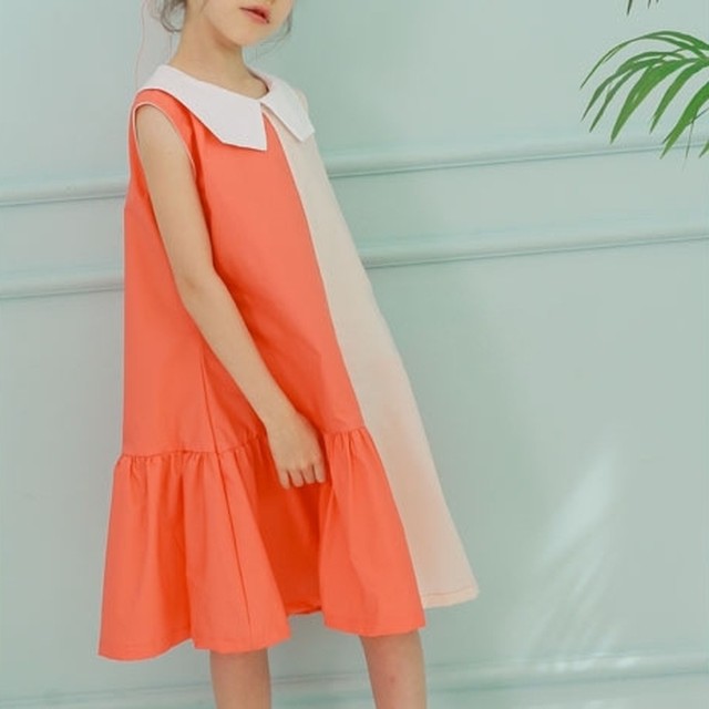 送料無料 2色 子供服 女の子 ワンピース バイカラー 膝丈 おしゃれ 子供 キッズ ワンピース 大人っぽい カジュアル かっこいい ノースリーブ 襟 ツートン 無地 ミモレ丈 ビッグカラー 切り替え フレンチ レトロ 110 1 130 140 150 160 韓国 子供服 子供用