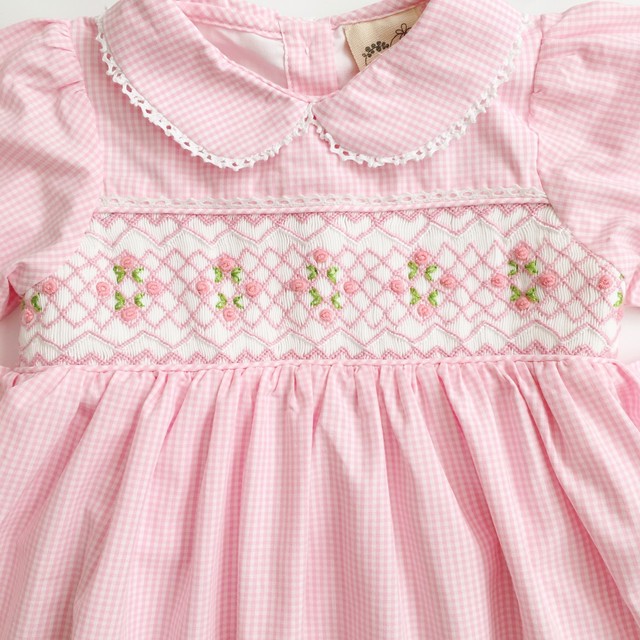 スモッキングワンピース ローズ花冠刺繍 パステルピンクのギンガムチェック Heart Spring スモッキングワンピースと可愛い子供服