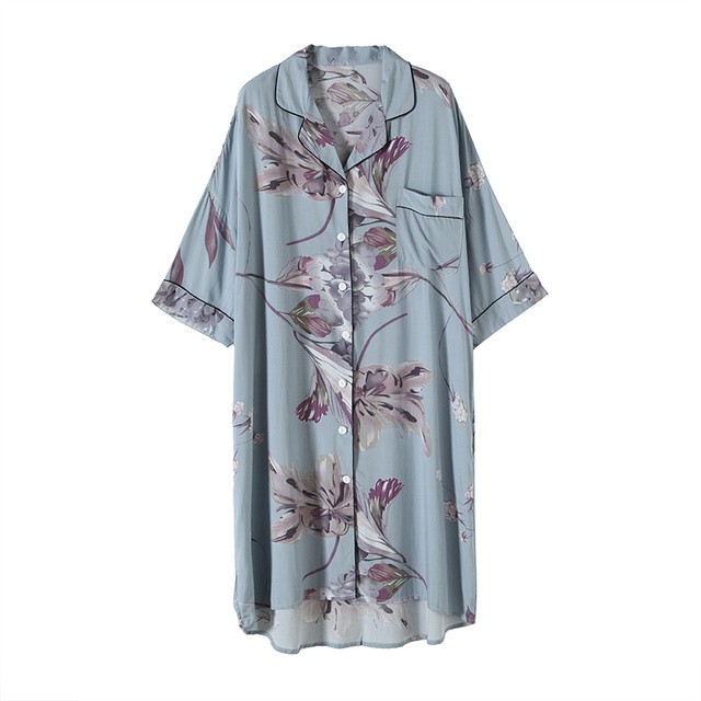 ルームウェア 部屋着 花柄 肌見せ ロング 半袖 シャツ 大人可愛い セクシー 普段着 夏 Evergreen