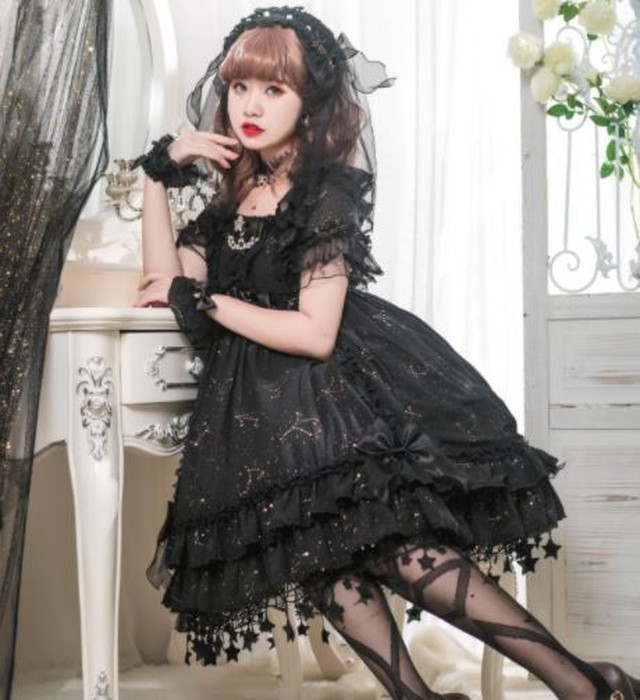 ロリータワンピース 十一月咲夜 ロリータドレス ロリータファッション ゴスロリファッション ゴスロリ 甘ロリ 姫ロリ クラシカルロリータ クラロリ リボン たっぷりフリル ワンピース のみ 星柄 星 スター 星空 お嬢様 膝丈 ひざ丈 ミディアム 半袖 シフォン レース