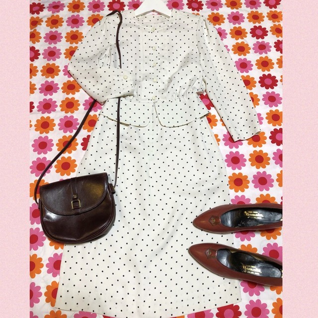 昭和レトロ ヴィンテージワンピース 80s 東京スタイル ペプラム ドット柄 Op325 古着屋プチコション