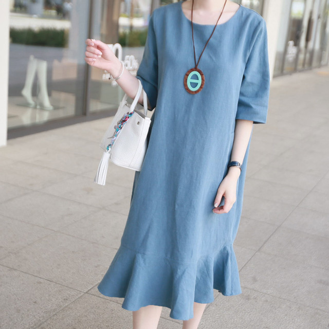 韓国 夏コーデ 緩いフリル袖がかわいいドレスフィッシュテールワンピース ブルー Kuroru