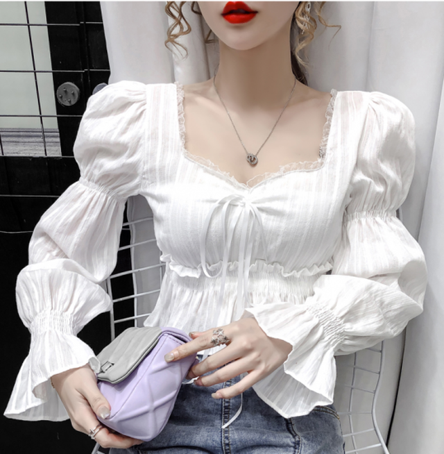 ブラウス レディース 長袖 白 ビジネス フリルブラウス ブラウス レディース 長袖 白 ブラウス 白 ブラウス 長袖 シンプル ベルスリーブ きれいめ 着まわし 袖リボン レディース Leaflower 001 リーフラワー レディースファッション専門店