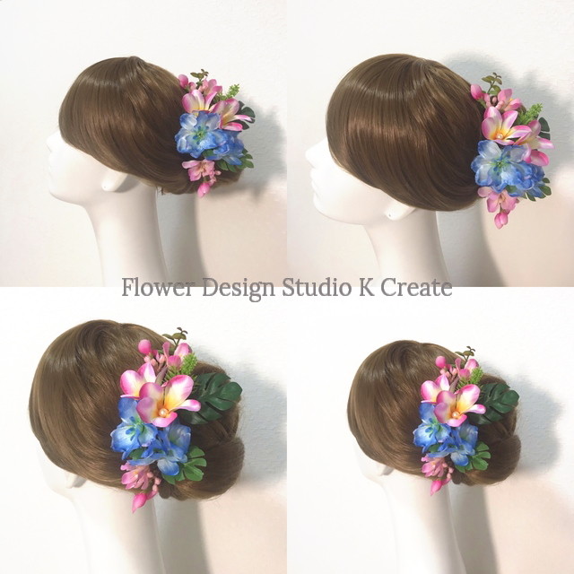 プルメリアとデルフィニュウムのuピン 9本セット フラダンス アーティフィシャルフラワー 髪飾り ピンク 浴衣 Flower Design Studio K Create