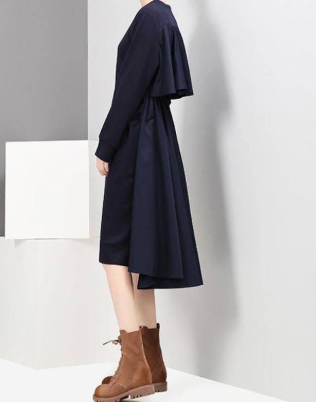 Top Mode ワンピース バックフリル トレンチコート プリーツ トレンチコート アシンメトリー ロングワンピース レディース ニッチ ブラック 黒 ネイビー 紺 Bitter 映え クール 体型カバー ゴージャス ニッチ ハイストリート ゆったり オーバーサイズ 個性的 代 30代