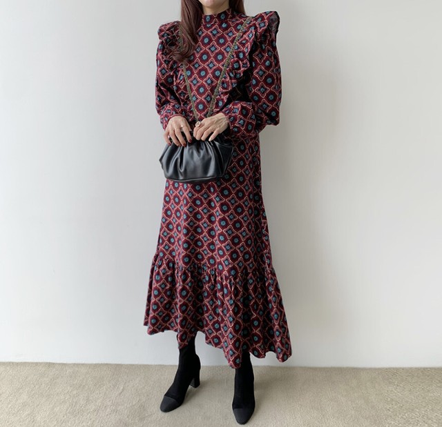 ワンピース ロング丈 マキシ丈 長袖 フリル スタンドカラー オシャレ レトロ 可愛い お出掛け デート 女子会 秋 冬 Ukiukionepicec