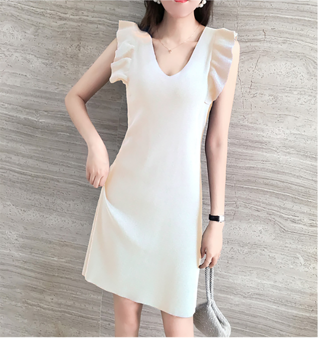 ノースリーブワンピース 3色 S Xl ワンピース レディースワンピース ワンピ ニット ノースリーブ Vネック ショート丈 フリル 背中見せ きれいめ 上品 大人っぽい おしゃれ デイリー オフィス お出かけ イベント 春夏 Hi 1908 Kufu
