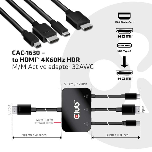 Cac 1630 Club3d Usb Type C Hdmi Mini Displayport 1 2 To Hdmi 4k60hz Hdr Male Male アクティブ アダプタ Active Adapter 32awg Cac 1630 Bearhouse
