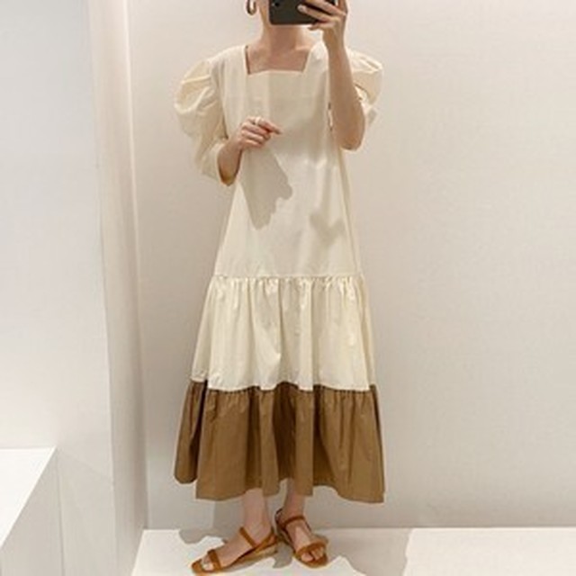 送料無料 カウルスリーブ ドッキングワンピース ローウエスト ツートンカラー レトロ Ustr