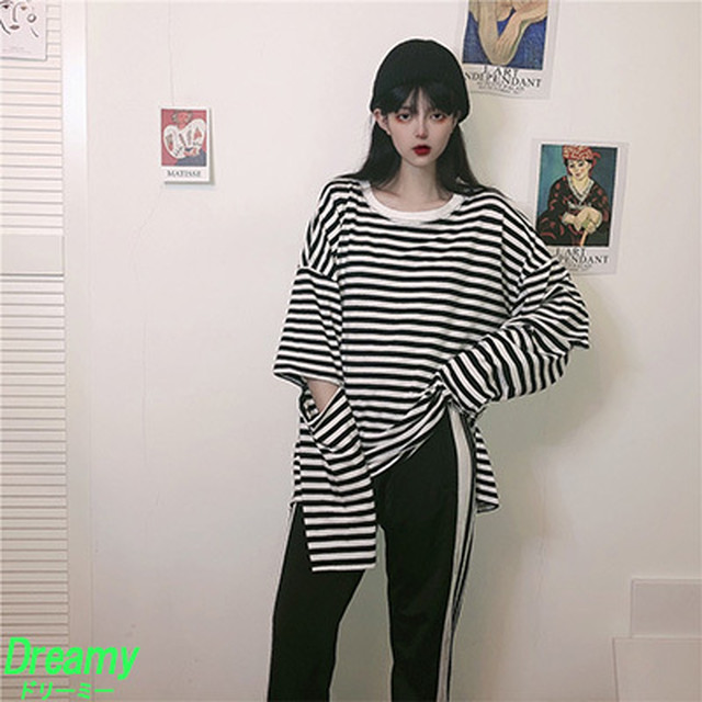 上ボーダー ロン T レディース 人気のファッション画像