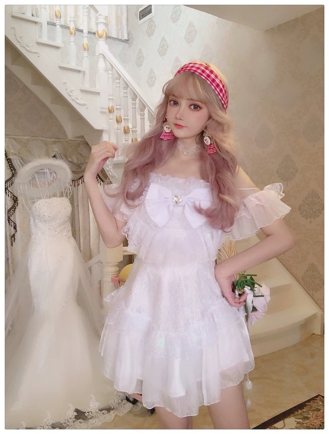 白 ワンピース フリフリ ガーリー ロリータ 原宿 姫 ホワイト リボン ハート ビジュー ミニ ドレス オフショルダー Loveysmileshop