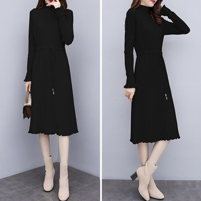 即納 ブラック ワンピース レディース 長袖 膝下 膝丈 秋 冬 Aライン ハイウエスト フレア セミフォーマル Sunflower