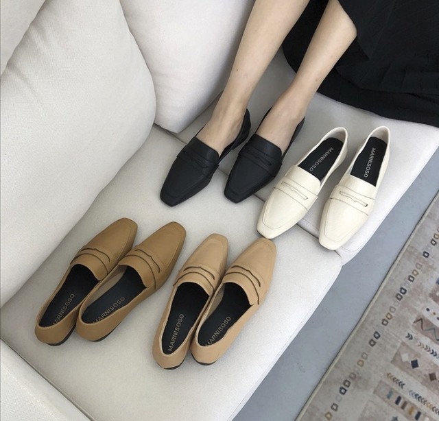 レディース ローファー パンプス 革靴 スクエアトゥ ローヒール 合皮 革 ローヒール 春秋 黒 ブラック 白 ホワイト 茶 ブラウン アプリコット 入学式 卒業式 結婚式 フォーマル オフィスカジュアル 韓国 レディースシューズ通販 Chami Shoes