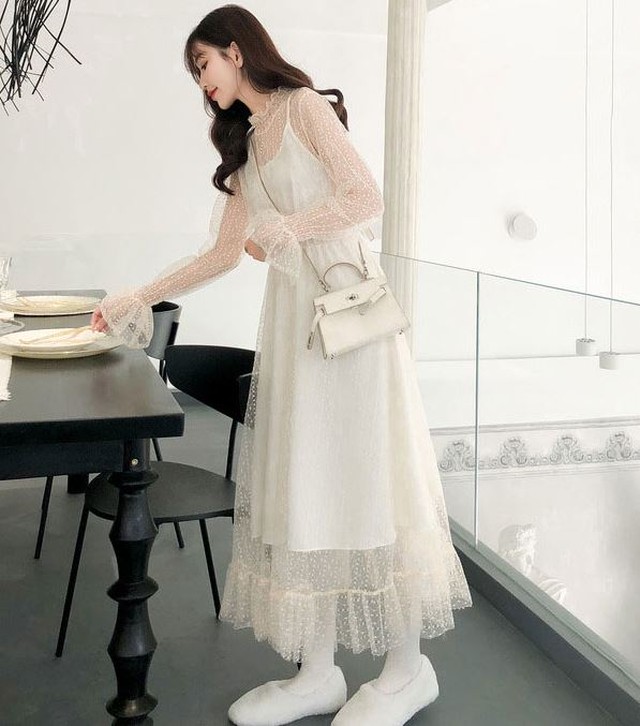 シースルー チュール ワンピース ロング丈 長袖 ハイネック 夏服 秋服 韓国 ファッション Happy And Active